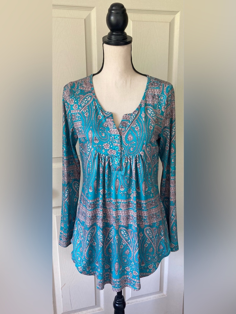 Teal Paisley Long-Sleeve Tunic Shirt Top: Front Buttons, Sz. M